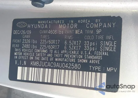 2010 Hyundai Tucson Gls from USA, damaged, VIN KM8JUCAC9AU042580